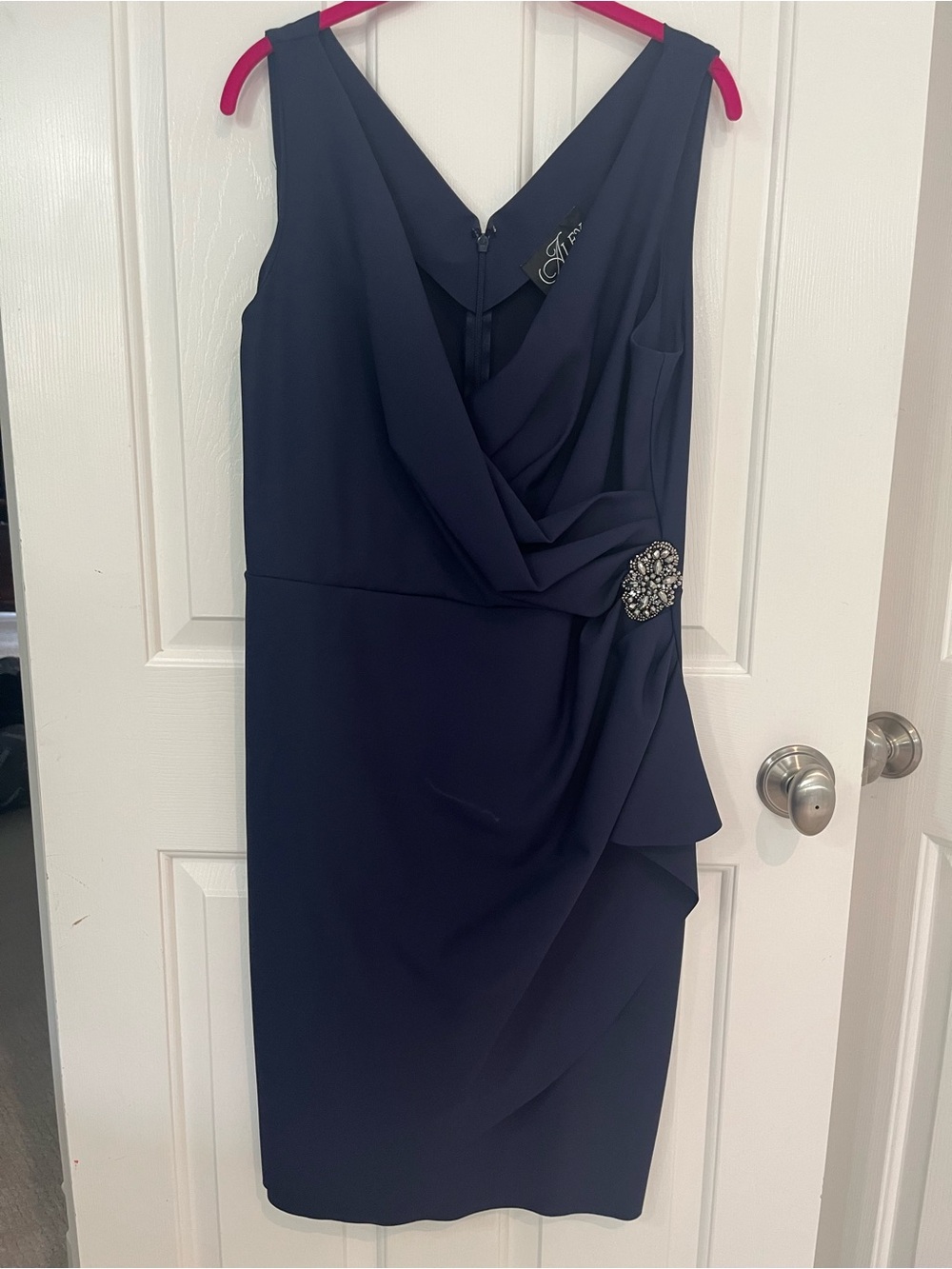 Alex Evenings Navy Sleeveless Midi Dress with Jeweled Brooch